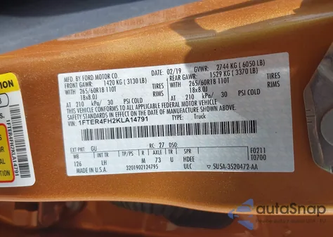 2019 Ford Ranger Xlt из США, поврежденный, VIN 1FTER4FH2KLA14791